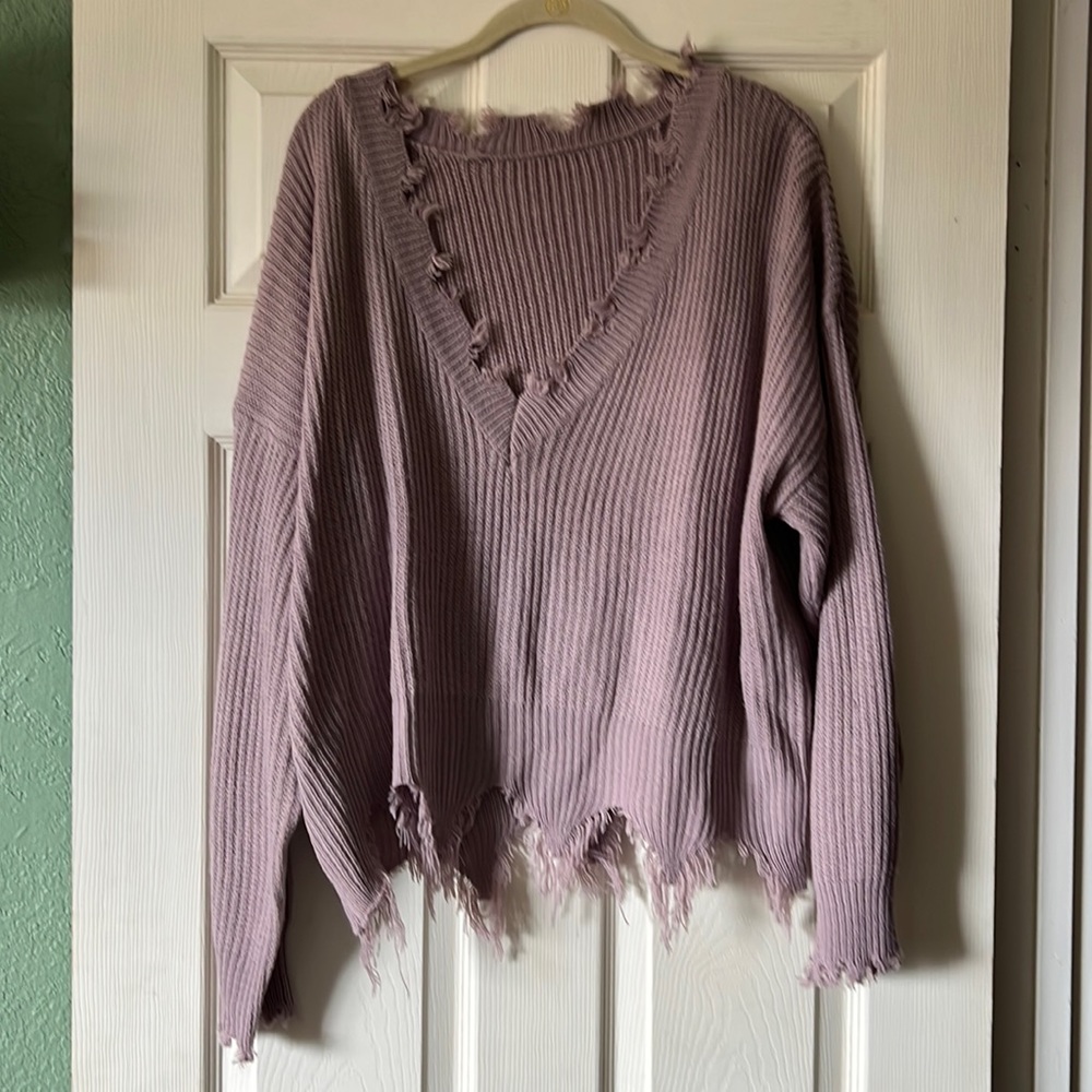 Lilac cropped sweater, distressed. Worn 1x.
